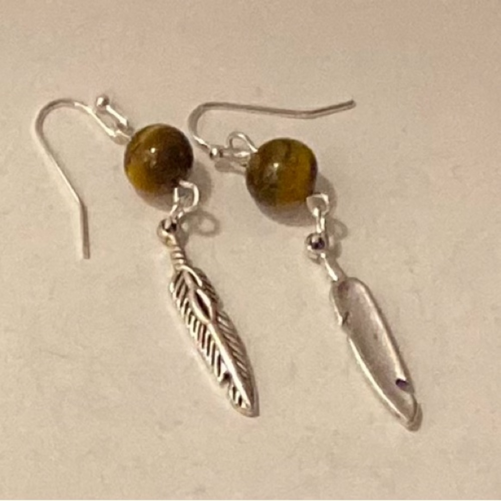 NEW Handcrafted Tiger’s Eye feather earrings